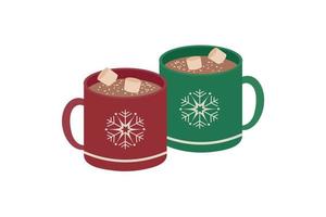 Hot chocolate with marshmallows. A cup with an ornament in the form of snowflakes and the inscription Merry Christmas. Vector illustration