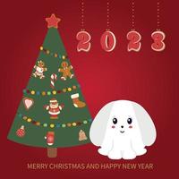 2023 is the year of the rabbit. Cute Christmas bunny at the Christmas tree. Vector illustration.