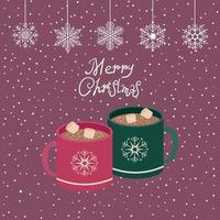 Hot chocolate with marshmallows. A cup with an ornament in the form of snowflakes and the inscription Merry Christmas. Vector illustration.