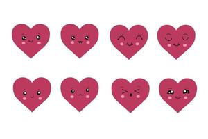 Kawaii hearts, a set of cute emoji icons. Hand-drawn emotional cartoon characters. Cute love characters with different faces, funny positive emotions vector
