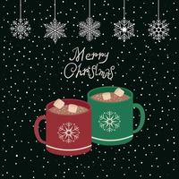 Hot chocolate with marshmallows. A cup with an ornament in the form of snowflakes and the inscription Merry Christmas. Vector illustration.