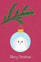 Beautiful Christmas card. A Christmas tree toy with a rabbit, the symbol of 2023, hangs on a branch vector