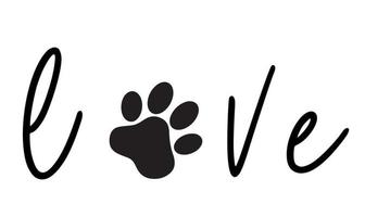 Lettering love and animal paw print. Vector illustration isolated on white background.