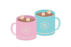 Hot chocolate with marshmallows. A cup with an ornament in the form of snowflakes and the inscription Merry Christmas. Vector illustration.