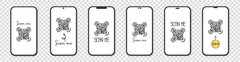 Set realistic smartphone with qr code scanner. Scan me. vector