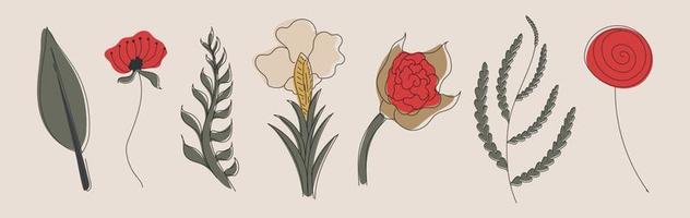 diseño gráfico de flores. conjunto vectorial de elementos florales con flores dibujadas a mano. vector
