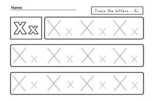 Trace letters X. uppercase and lowercase. Alphabet tracing practice preschool worksheet for kids learning English. Activity page for Pre-K, kindergarten. Vector illustration
