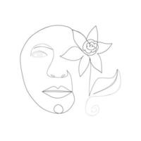 Woman face with flowers one line drawing. Half of the face is a flower. Continuous line drawing art. Nature cosmetics. vector