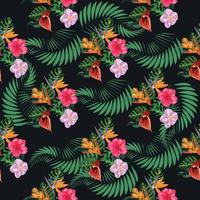 Tropical pink orchid flowers, monstera, banana palm leaves seamless pattern. Jungle foliage illustration. Exotic vector