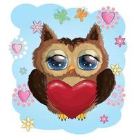Valentine card with Cute Cartoon Owl in hearts vector