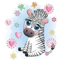 Cute cartoon zebra sits in flowers. Childish striped character, African animals vector