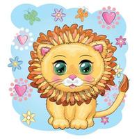 león de dibujos animados con ojos expresivos. animales salvajes, carácter, estilo lindo infantil. vector