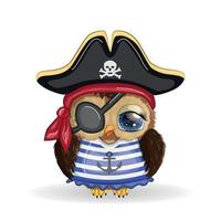 Owl pirate, cartoon character of the game, a bird in a bandana and a cocked hat with a skull, with an eye patch. Character with bright eye. vector