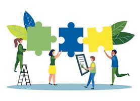 Business concept. Team metaphor. people connecting puzzle elements. flat design style. Symbol of cooperation vector