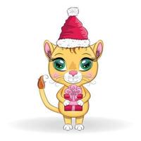 Feliz navidad y próspero año nuevo. León gracioso con sombrero rojo con regalo al estilo de las caricaturas. tarjeta de felicitación. vector