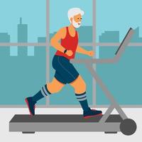 Old Man With Smartwatch On The Treadmill On The Gym Vector Illustration In Flat Style