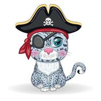 Snow leopard pirate, cartoon character of the game, wild cat in a bandana and a cocked hat with a skull, with an eye patch. Character with bright eyes vector