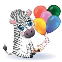 Cute cartoon zebra is sitting and holding balloons. Children's striped character, holiday vector