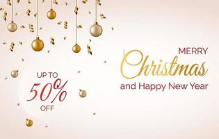 Merry Christmas and Happy New Year sale 2023. Banner template with realistic 3d gold balls. vector