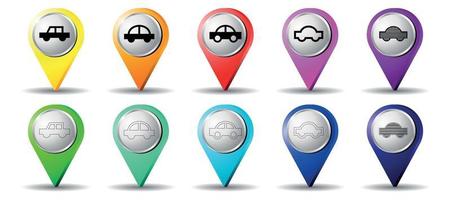 Colorful location pins with car shapes vector