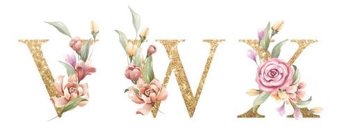 Golden alphabet set of V, W, X, with flowers and leaves watercolor vector