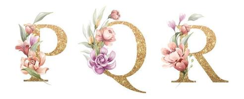 Golden alphabet set of P, Q, R, with flowers and leaves watercolor vector