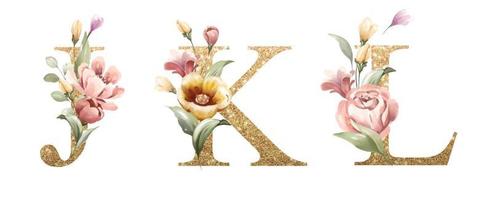 Golden alphabet set of J, K, L, with flowers and leaves watercolor vector