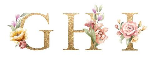 Golden alphabet set of G, H, I, with flowers and leaves watercolor vector