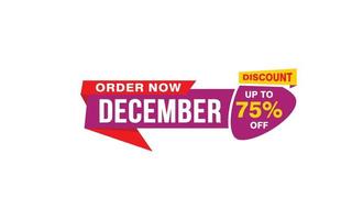 75 Percent december discount offer, clearance, promotion banner layout with sticker style. vector