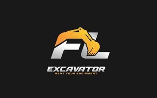 FL logo excavator for construction company. Heavy equipment template vector illustration for your brand.