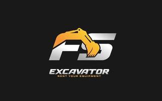 FS logo excavator for construction company. Heavy equipment template vector illustration for your brand.