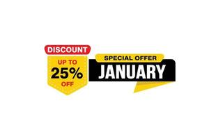 25 Percent JANUARY discount offer, clearance, promotion banner layout with sticker style. vector