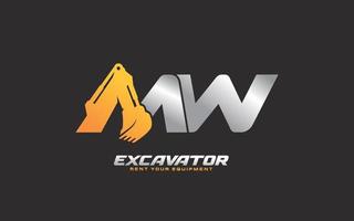 MW logo excavator for construction company. Heavy equipment template vector illustration for your brand.