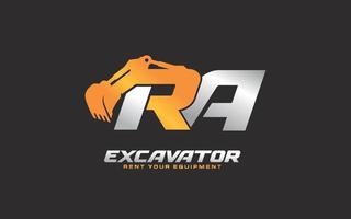 RA logo excavator for construction company. Heavy equipment template vector illustration for your brand.