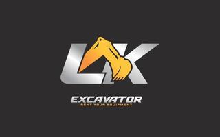 Excavadora con logotipo lk para empresa constructora. ilustración de vector de plantilla de equipo pesado para su marca.