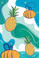 Vertical neutral colored background with bee and pineapple sketches Vector illustration