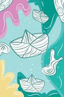 Vertical neutral colored background with paper boat sketches Vector illustration