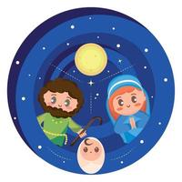 Cute cartoons of Joseph, Mary and Jesus on a stable at night Vector illustration