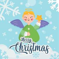 Merry christmas card happy angel holding a star Vector illustration