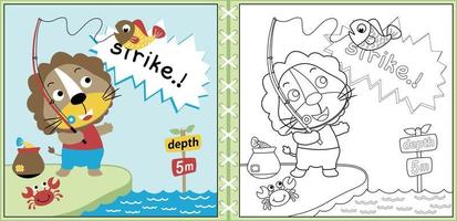 caricatura vectorial de la pesca divertida del león con cangrejo pequeño, página de color o libro vector