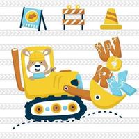 Cartoon vector of cute kangaroo driving construction vehicle on tire tracks background, construction elements