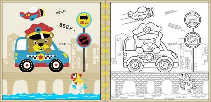 Vector cartoon of cute bear drive police car on bridge with a fish, transport elements, coloring page or book