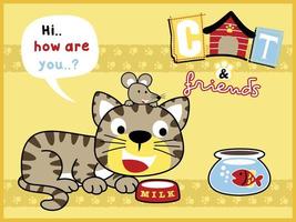 Cartoon vector of funny cat and mouse with fish in jar, pets element illustration