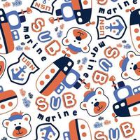 seamless vector pattern of submarine cartoon with funny bear sailor, sailor element illustration