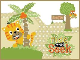 Cartoon vector of tiger and owl playing hide and seek in forest