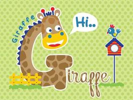 Giraffe cartoon vector in shape letter G with little bird perching on cage