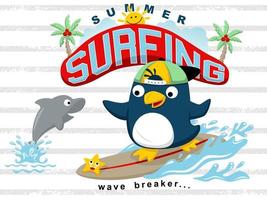 Vector cartoon of cute penguin surfing with dolphin and starfish, summer beach elements