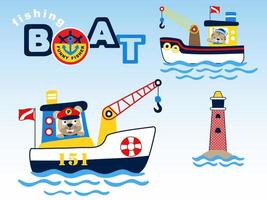 vector de dibujos animados de animales divertidos marinero en barco con grúa, ilustración de elemento de vela