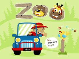 Little boy on car with cute animals, vector cartoon illustration