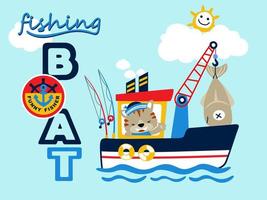 Cartoon vector of funny cat sailor on fishing boat with big fish, sailing element